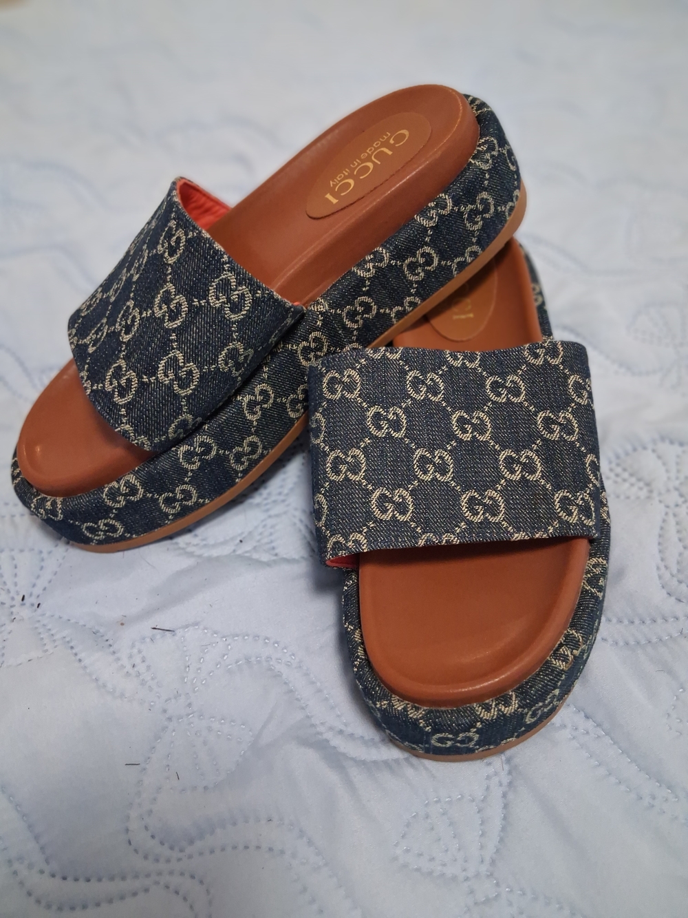 Gucci Denim GG Canvas Slide Sandals - Blue/Tan